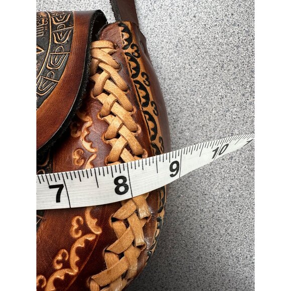 Vintage Hand Tooled Brown Leather Aztec Calendar Bag Crossbody Handmade Mexican - Picture 8 of 9
